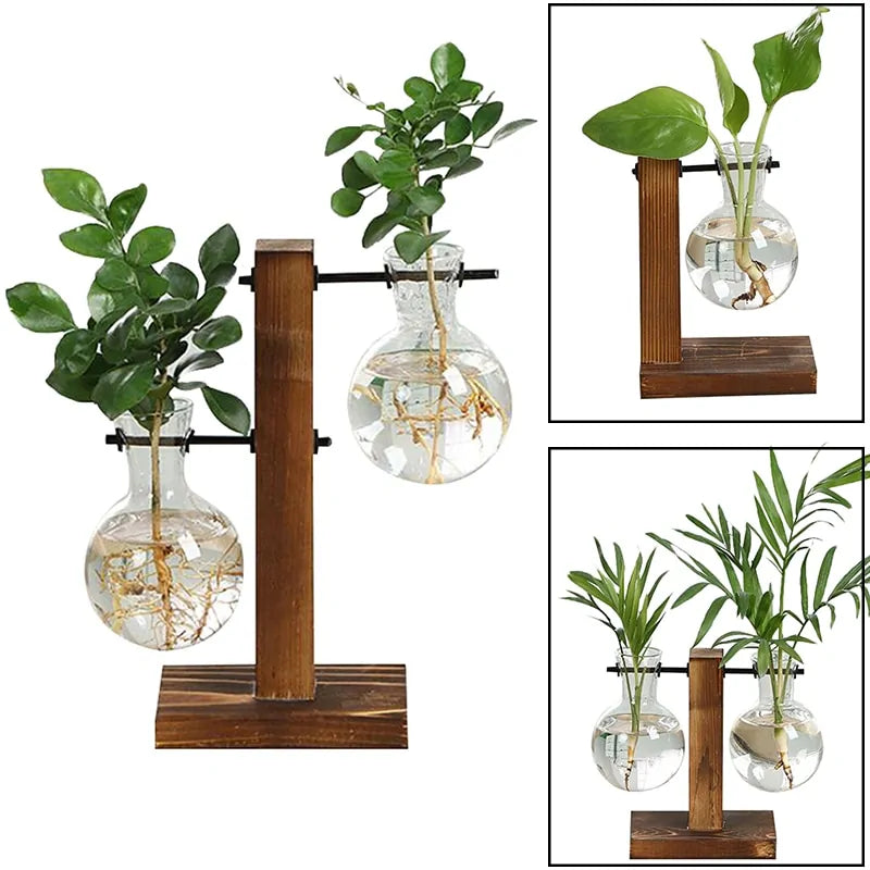 Creative Glass Desktop Planter Bulb Vase Wooden