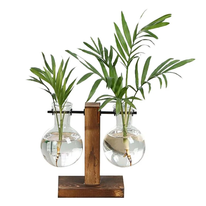 Creative Glass Desktop Planter Bulb Vase Wooden